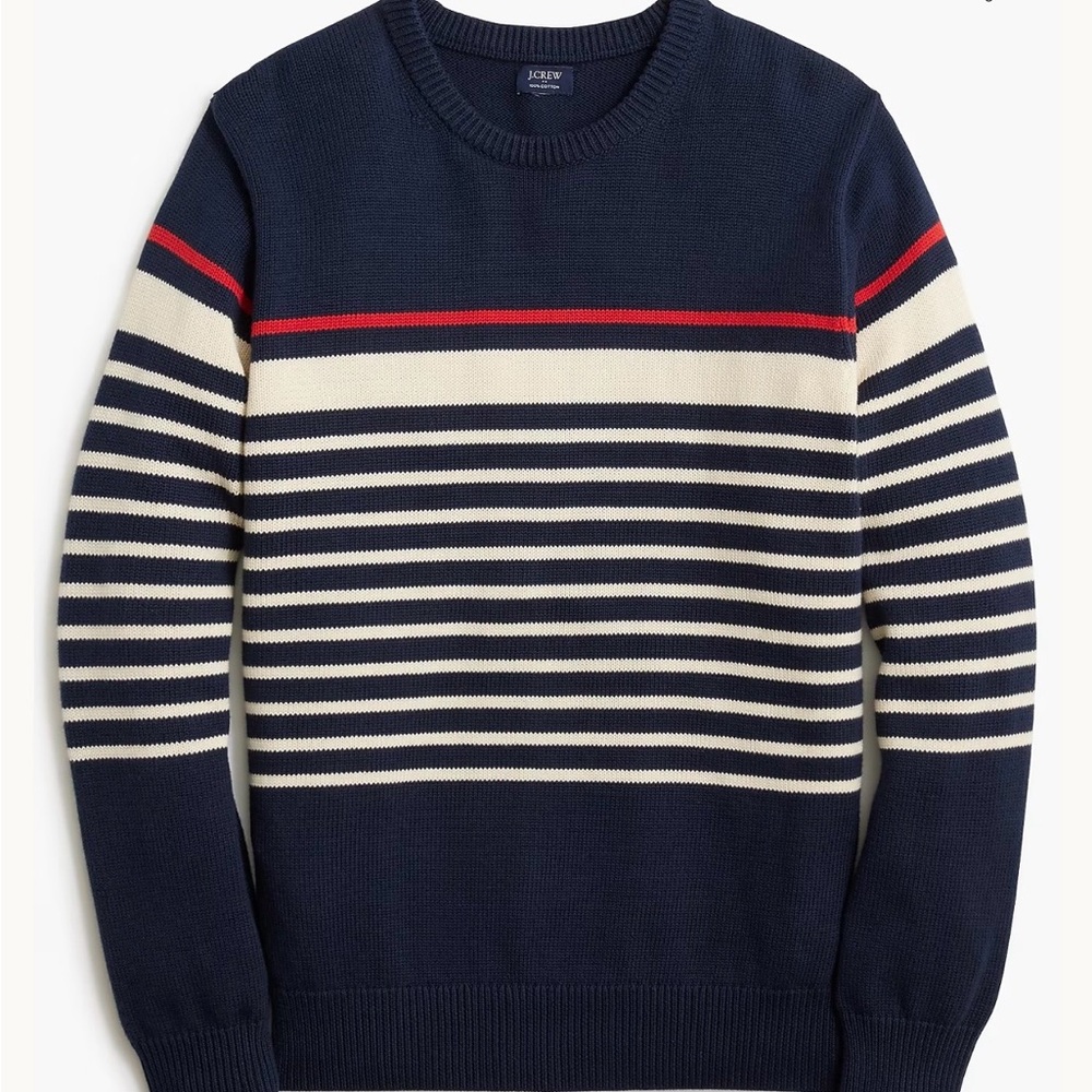 J Crew Crewcuts Boys XL 12-14 Navy Blue Striped‎ Cotton Knit Crewneck Sweater